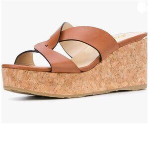 FOWT Sandy Brown Almond Toe Cross Strap Slip on Platform High Heel Slide Sandals